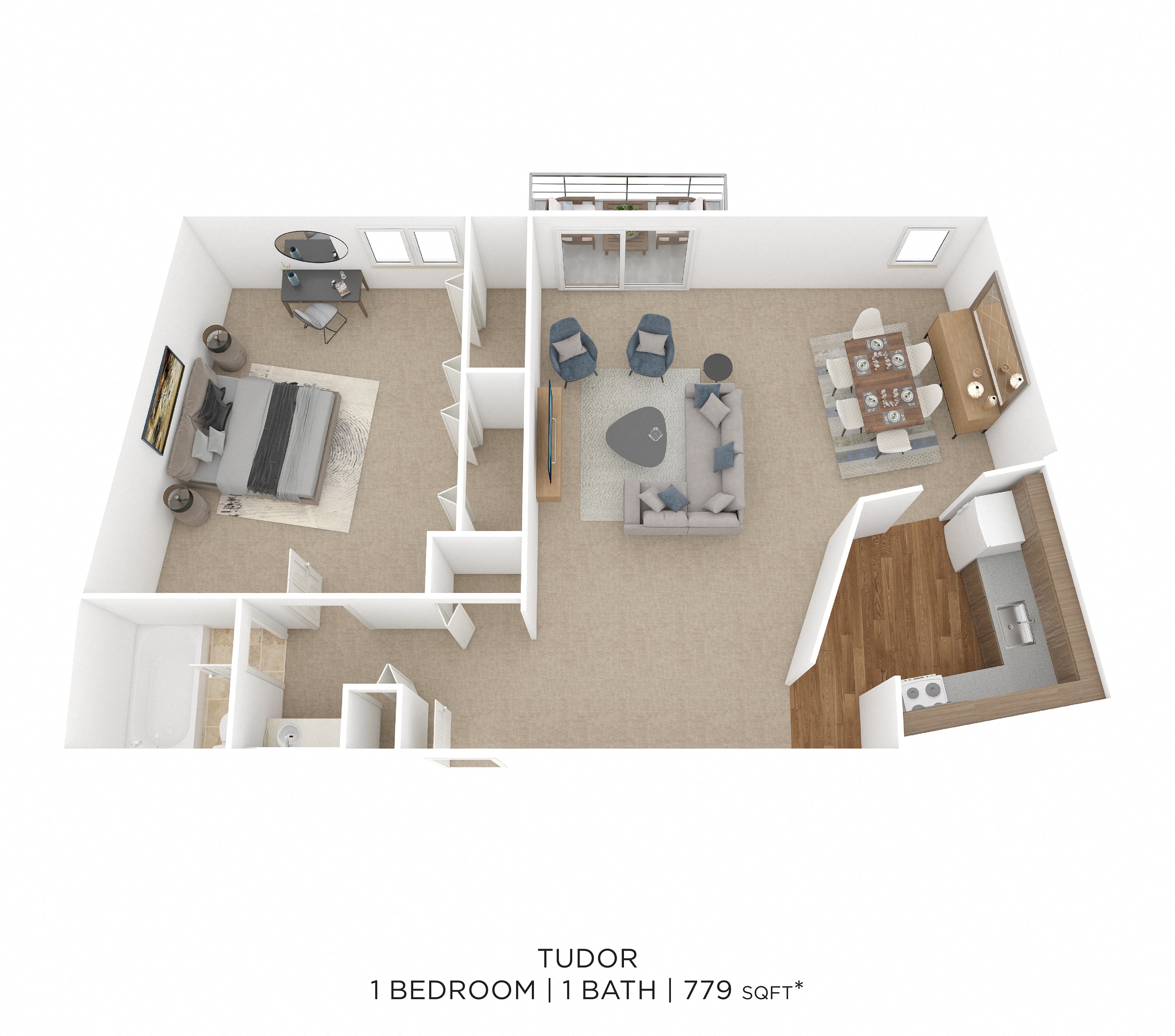 Floor plan for 1 bed, 1 bath, 779 sqft